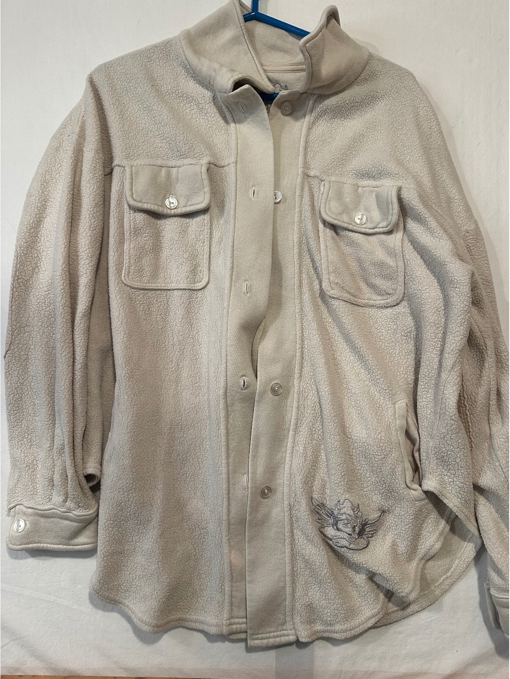 Boys Lie Oversized Sherpa Fleece Shacket Jacket One Size Cream Angel Embroidered - Picture 2 of 10